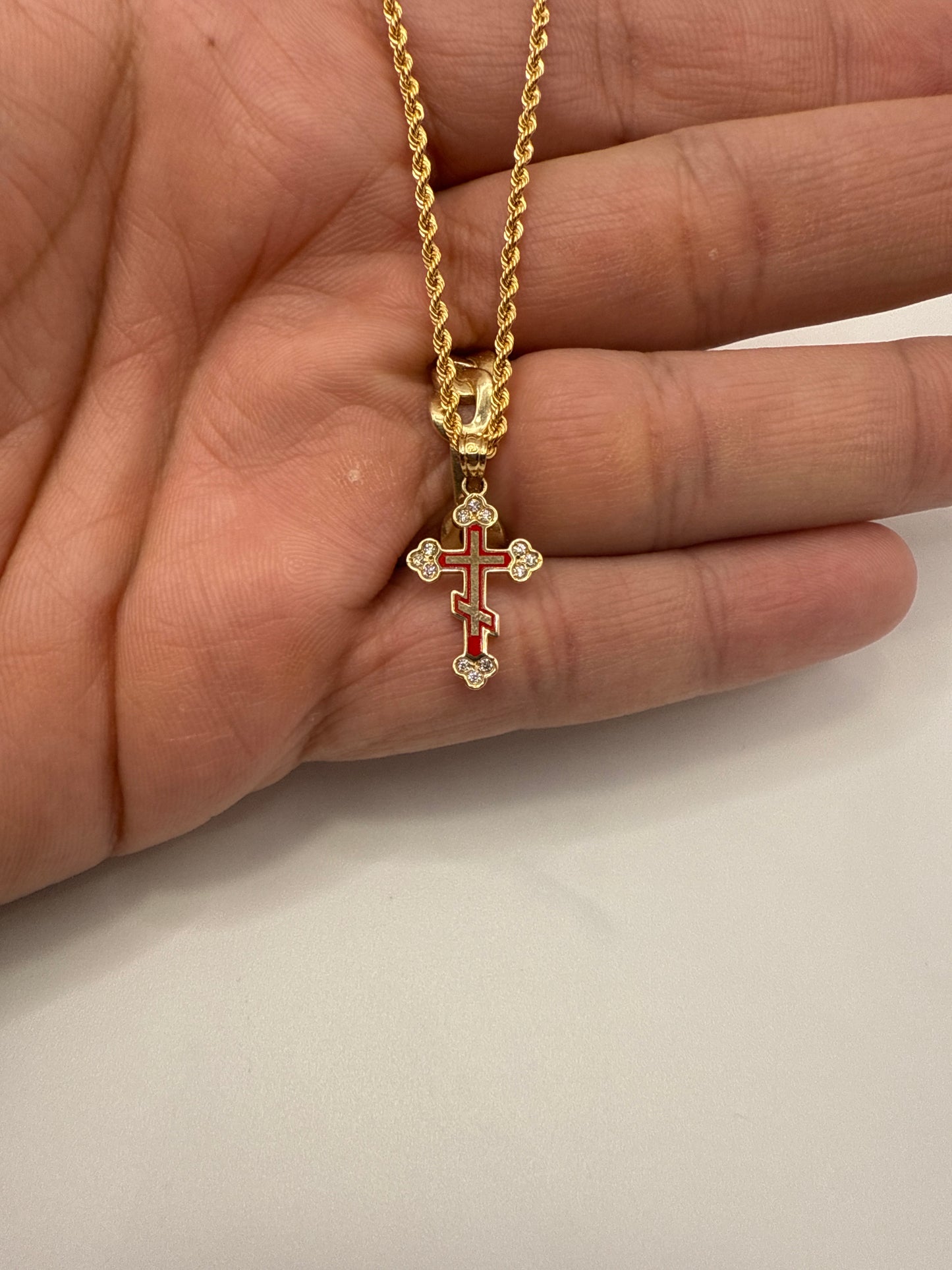 C10-NEW 14k Semi Solid Rope Chain and CZ Red Cross Pendant. W.G