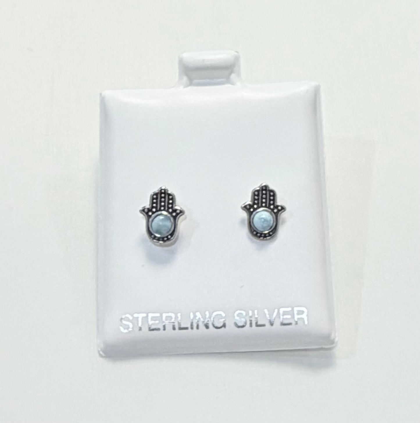 S768- .925 Sterling Silver Larimar Hamsa Hand Stud Earrings W.G