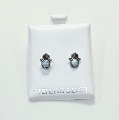 S768- .925 Sterling Silver Larimar Hamsa Hand Stud Earrings W.G