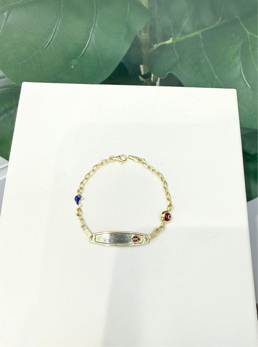 472- NEW 14K Hollow Red Evil Eye & Dolphin ID Bracelet (2.75mm) W.G