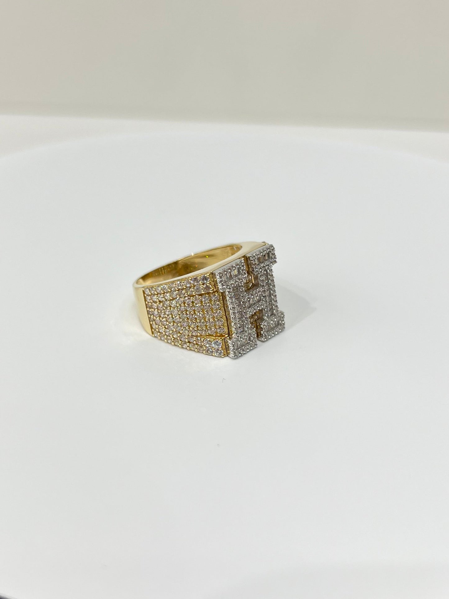 964- NEW 14K Gold Initial “H” Men Ring Full Cz W.G