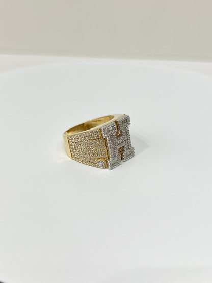 964- NEW 14K Gold Initial “H” Men Ring Full Cz W.G