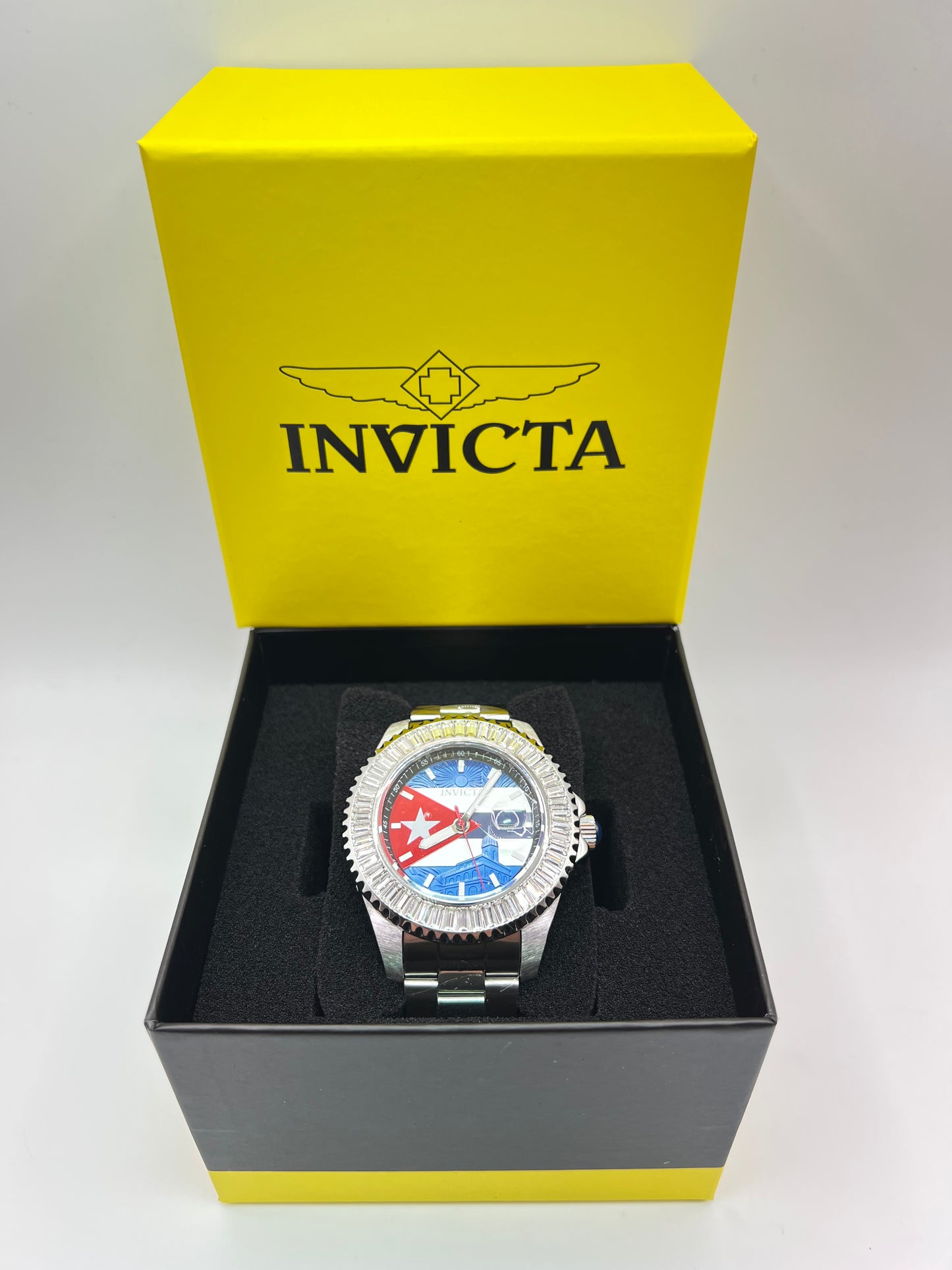 R53-  Invicta Silver Band Cuban Flag Men's Watch -47mm
