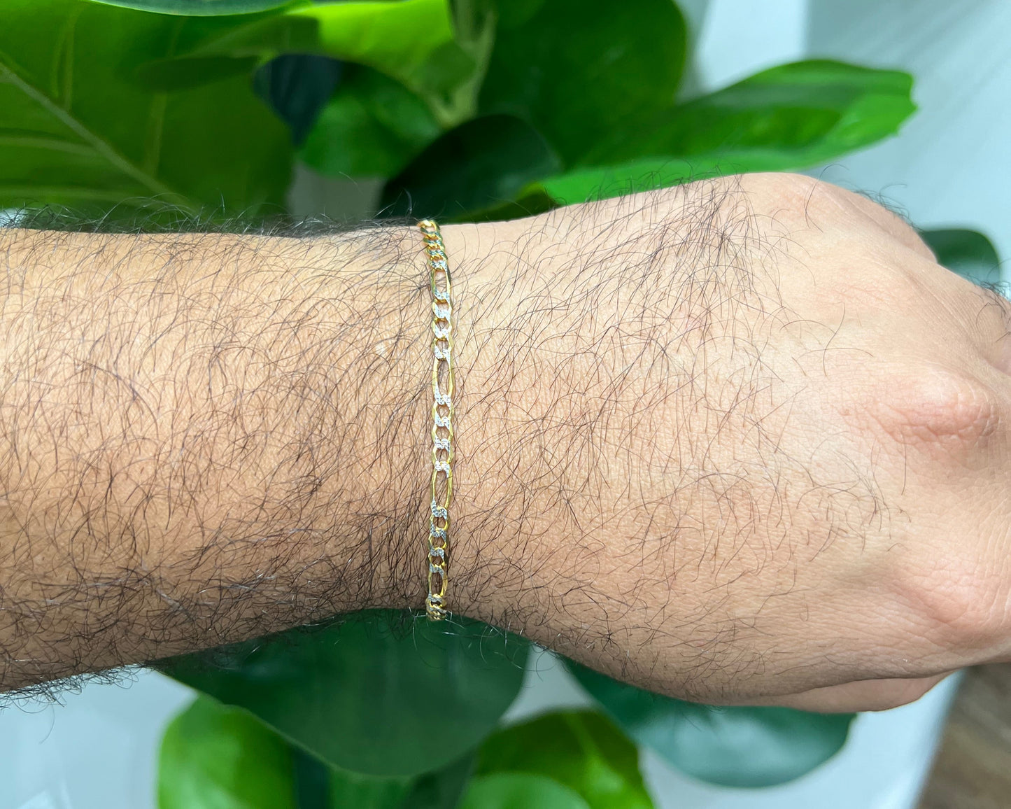 1291-NEW 14K Two Toned Solid Figaro Bracelet (3.7mm) W.G