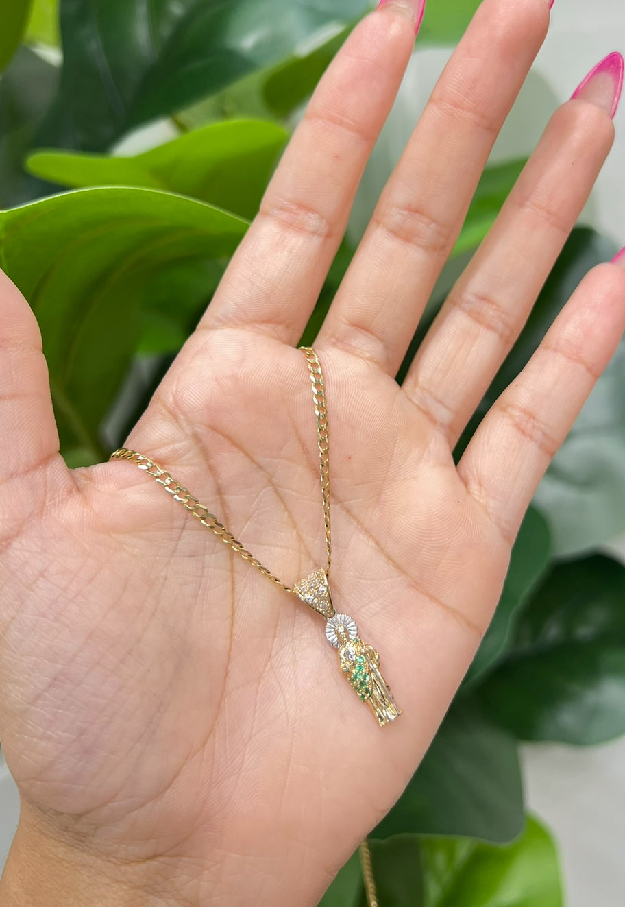 C43- NEW 14K Cuban Solid Chain 20” (2.5mm) & St. Jude Green/Clear Pendant Set W.G