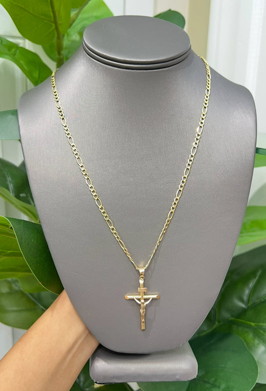 C42- NEW 14K Hollow Figaro Chain 22” (3.5mm) & Crucifix Pendant Set W.G