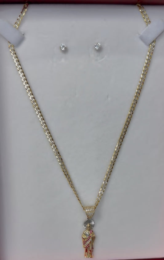 C36- NEW 14K Stud Earrings, St.Jude Pendant & Cuban Chain Set
