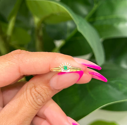 495- NEW 14K Lashes Green Cz Stone Ring W.G