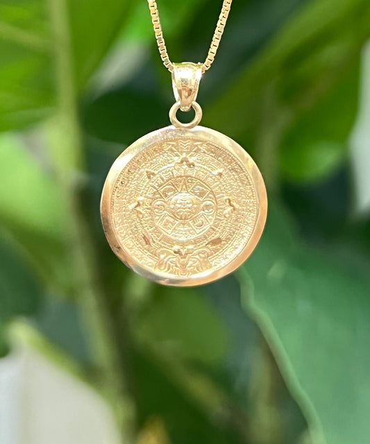239- NEW 14K Solid Aztec Mayan Sun Calendar Azteca Pendant - W.G