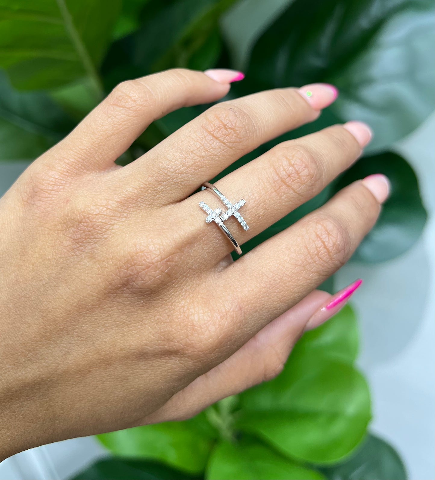 S444- NEW .925 Sterling Silver 925 Double CZ Cross Ring W.G