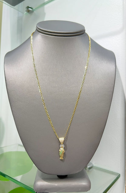 C43- NEW 14K Cuban Solid Chain 20” (2.5mm) & St. Jude Green/Clear Pendant Set W.G