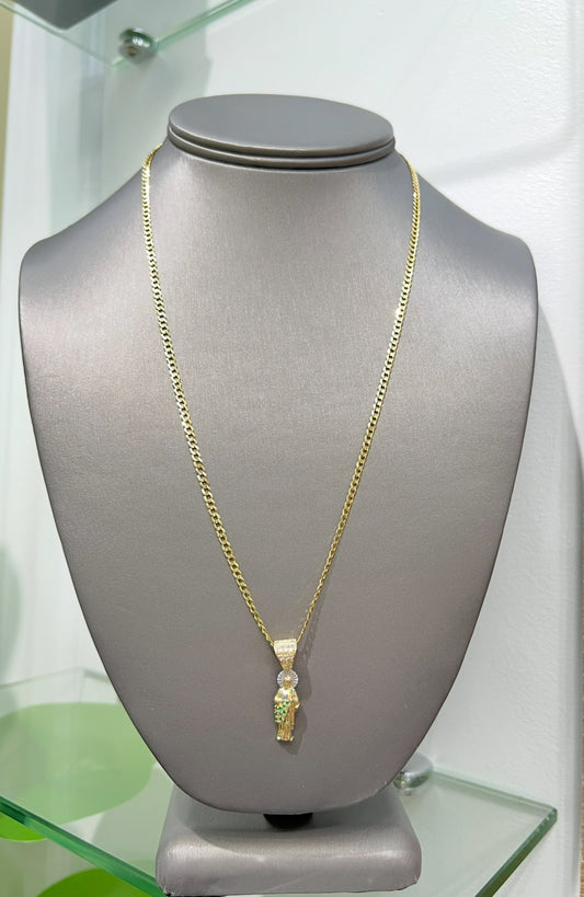 C43- NEW 14K Cuban Solid Chain 20” (2.5mm) & St. Jude Green/Clear Pendant Set W.G