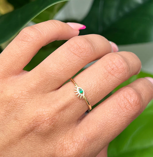 495- NEW 14K Lashes Green Cz Stone Ring W.G