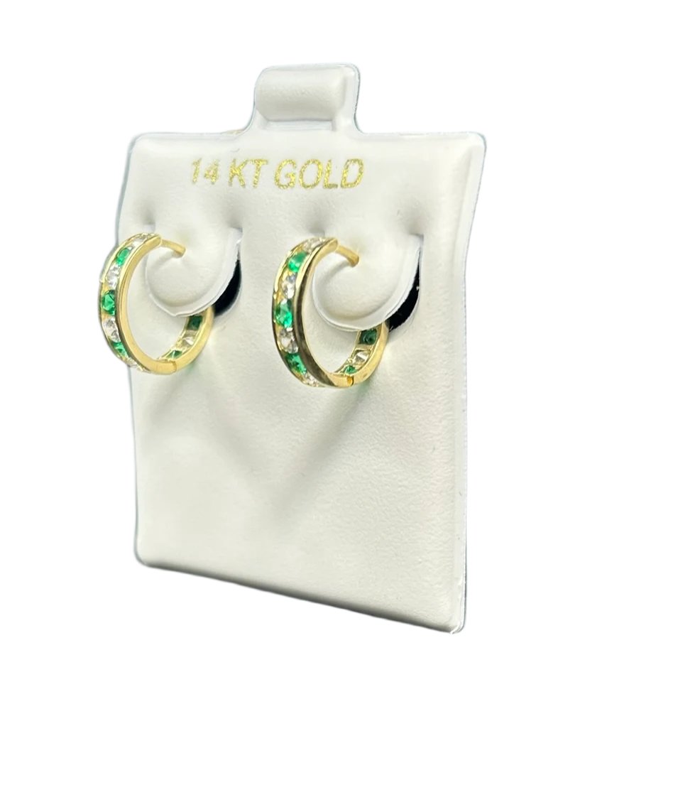 14K, Yellow Gold Small Hoops With Green Stones