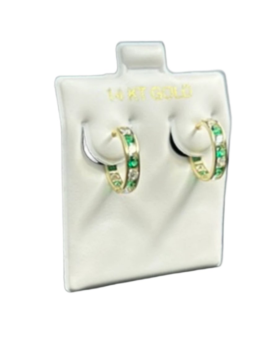 14K, Yellow Gold Small Hoops With Green Stones