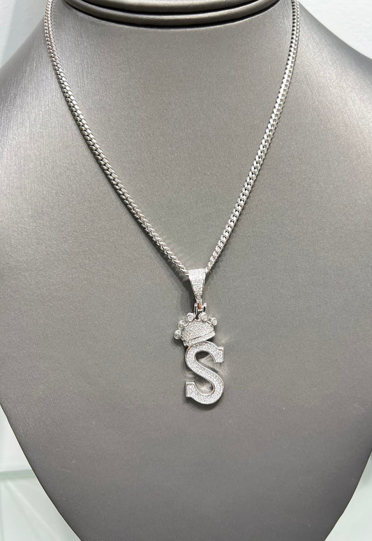 S814- NEW .925 Sterling Silver Letter S Crown Pendant W.G