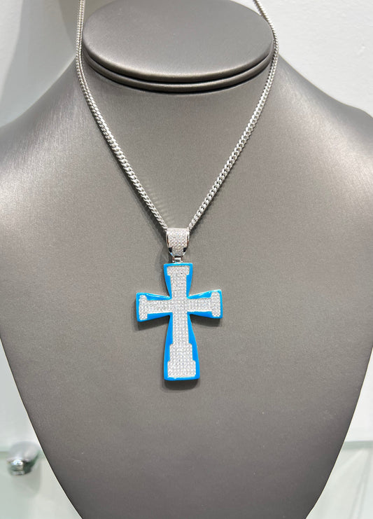 S551- NEW Sterling Silver .925 Blue Cross Full Cz Pendant W.G