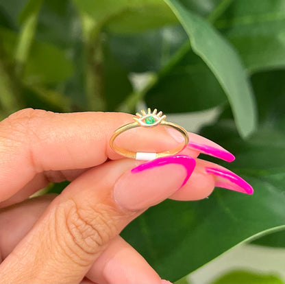 495- NEW 14K Lashes Green Cz Stone Ring W.G