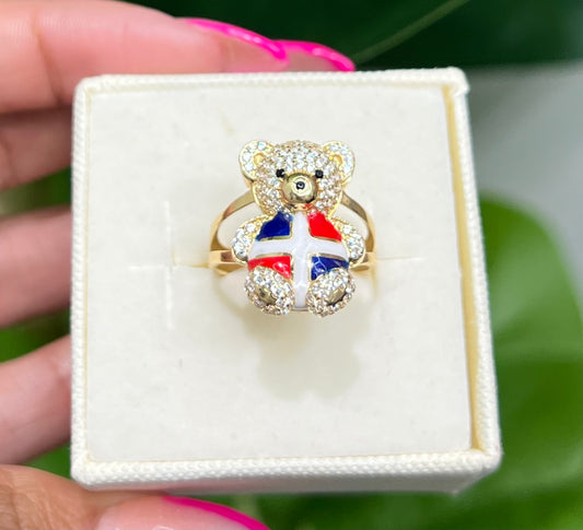 0080- NEW 14K Dominican Flag Teddy Bear Ring W.G