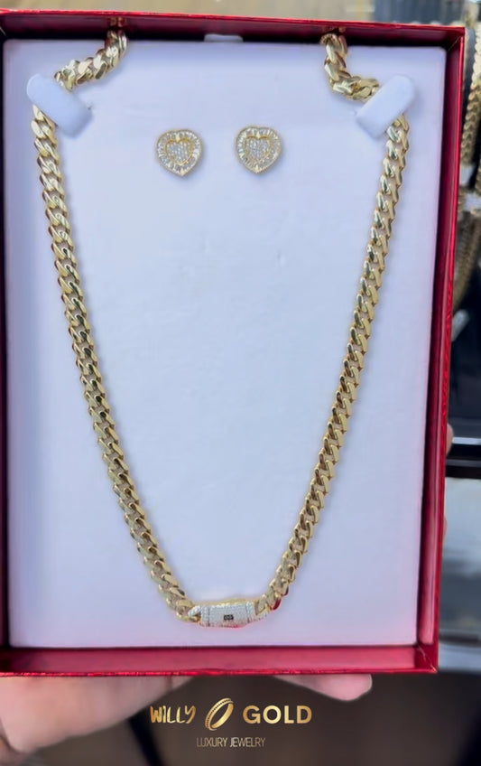 C37- 14K Hollow Monaci Chain 18” & 14K Baguette Heart Stud Earrings SET