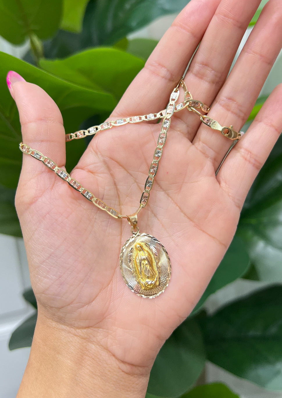 C39- NEW 14K Tri Tone Valentino Chain 20” (3.5mm) & Our Lady of Guadalupe Pendant Set W.G