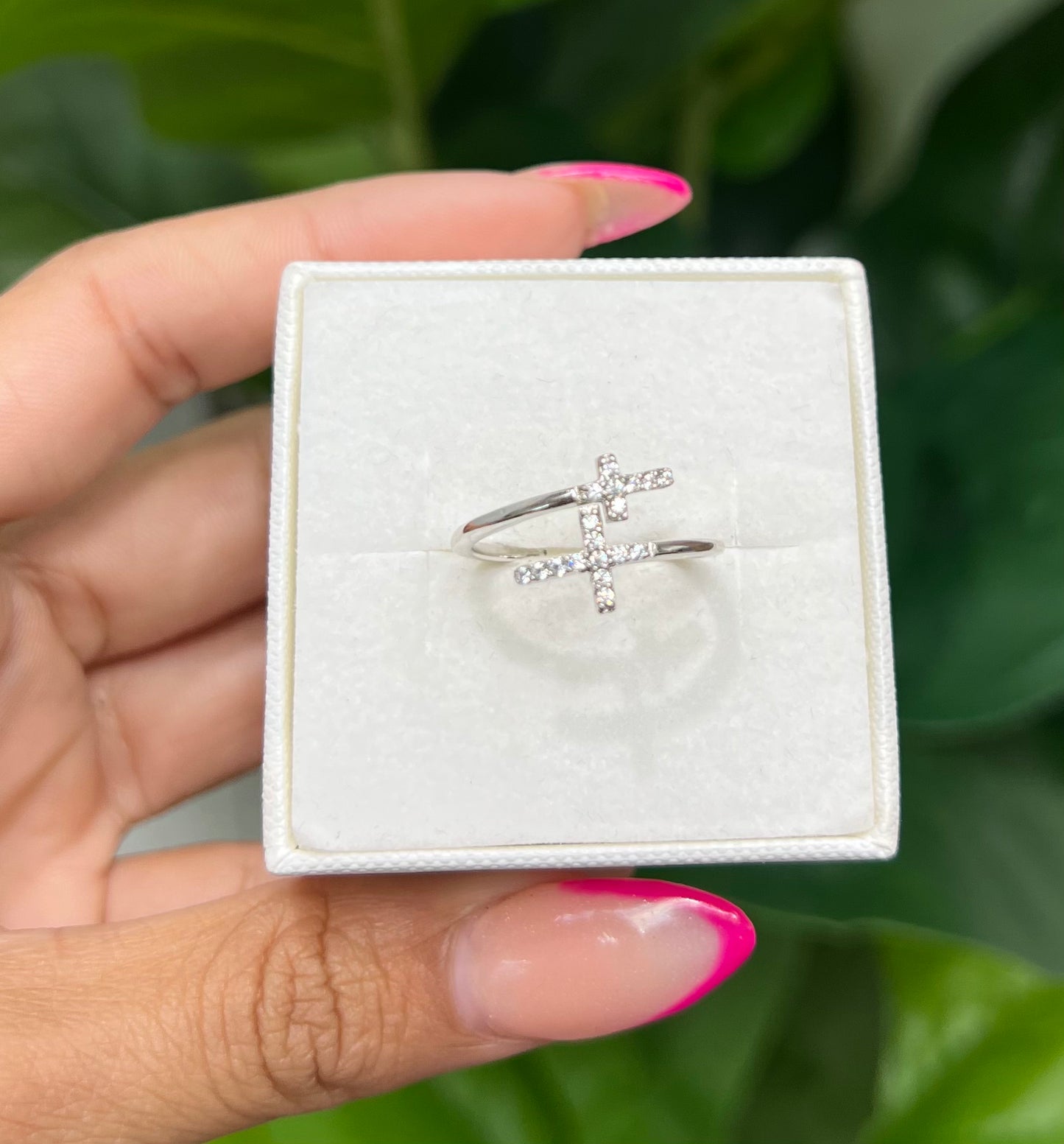 S444- NEW .925 Sterling Silver 925 Double CZ Cross Ring W.G