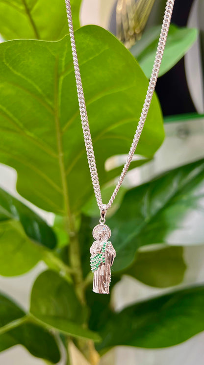 S0010- NEW .925 Sterling Silver St. Jude 3D Green Cz Pendant W.G