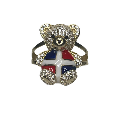 0080- Anillo de osito de peluche con bandera dominicana en oro amarillo macizo de 14 quilates