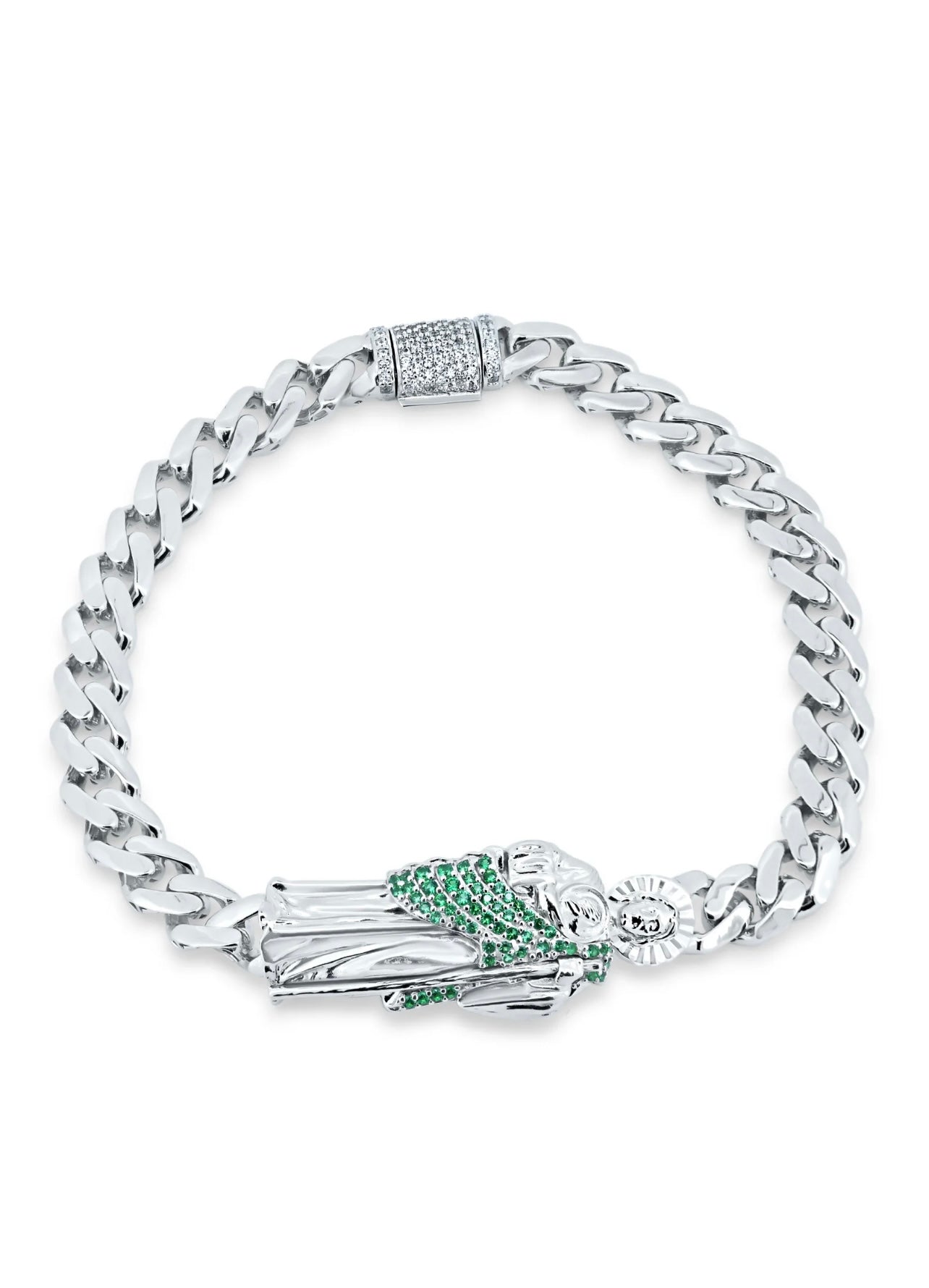 S386 - Pulsera de plata de ley 925 con circonitas cúbicas verdes de San Judas de 6,5 mm