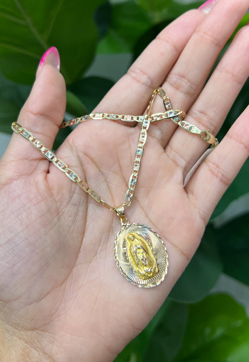 C39- NEW 14K Tri Tone Valentino Chain 20” (3.5mm) & Our Lady of Guadalupe Pendant Set W.G