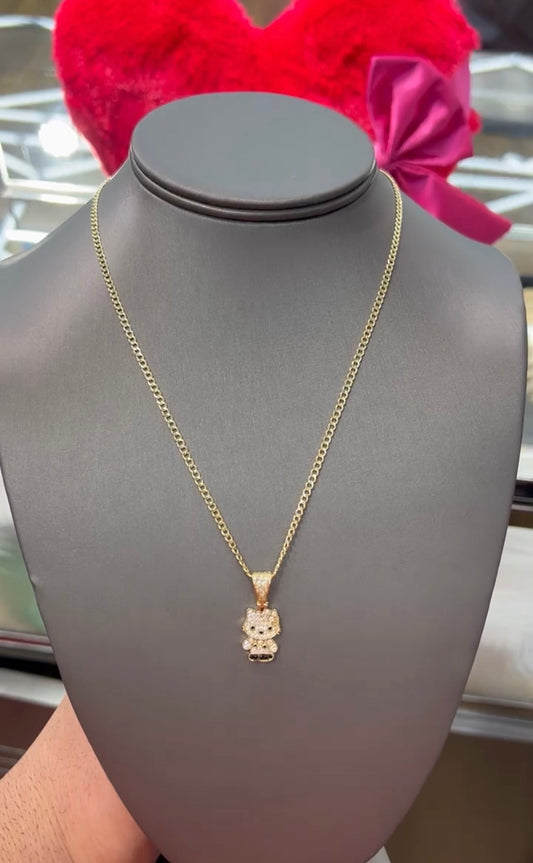 C62- 14K Hollow Cuban Chain 18” 2.5mm & 14K Hello Kitty Pendant SET