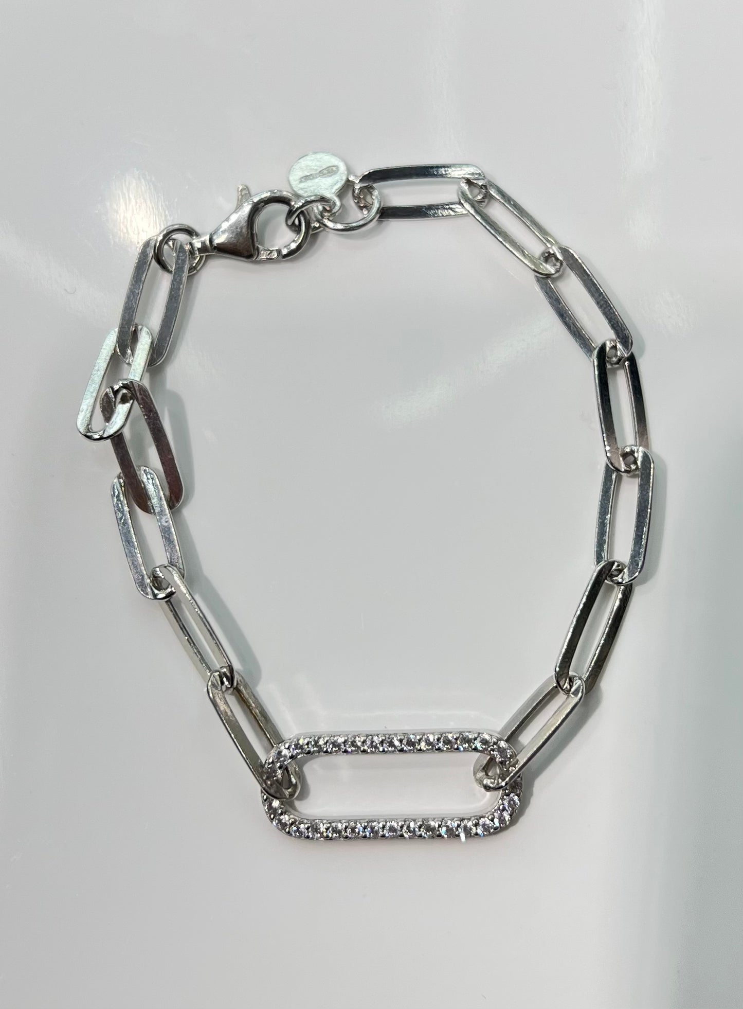 S391- 925 Sterling Silver Paperclip CZ Chain Bracelet 7” W.G