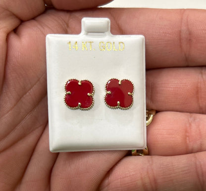 1340- NEW 14K Red Trebol Bracelet 8” (11.7mm) & Red Trebol Earrings SET