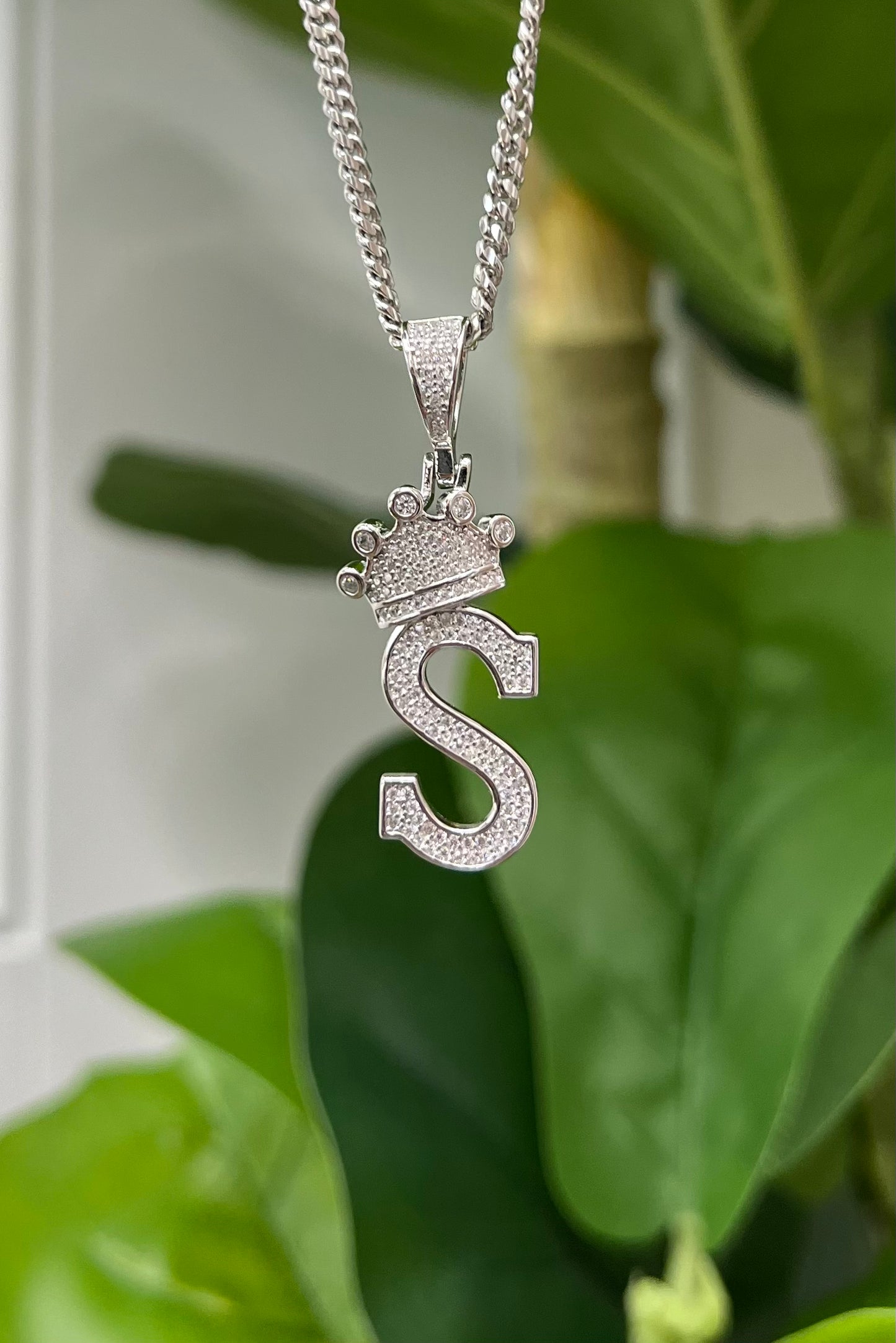 S814- NEW .925 Sterling Silver Letter S Crown Pendant W.G