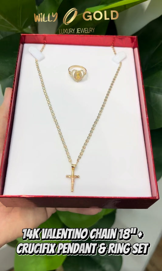 C44- 14K Valentino Tri Tone Chain 18” + Crucifix and Heart Ring Set  W.G