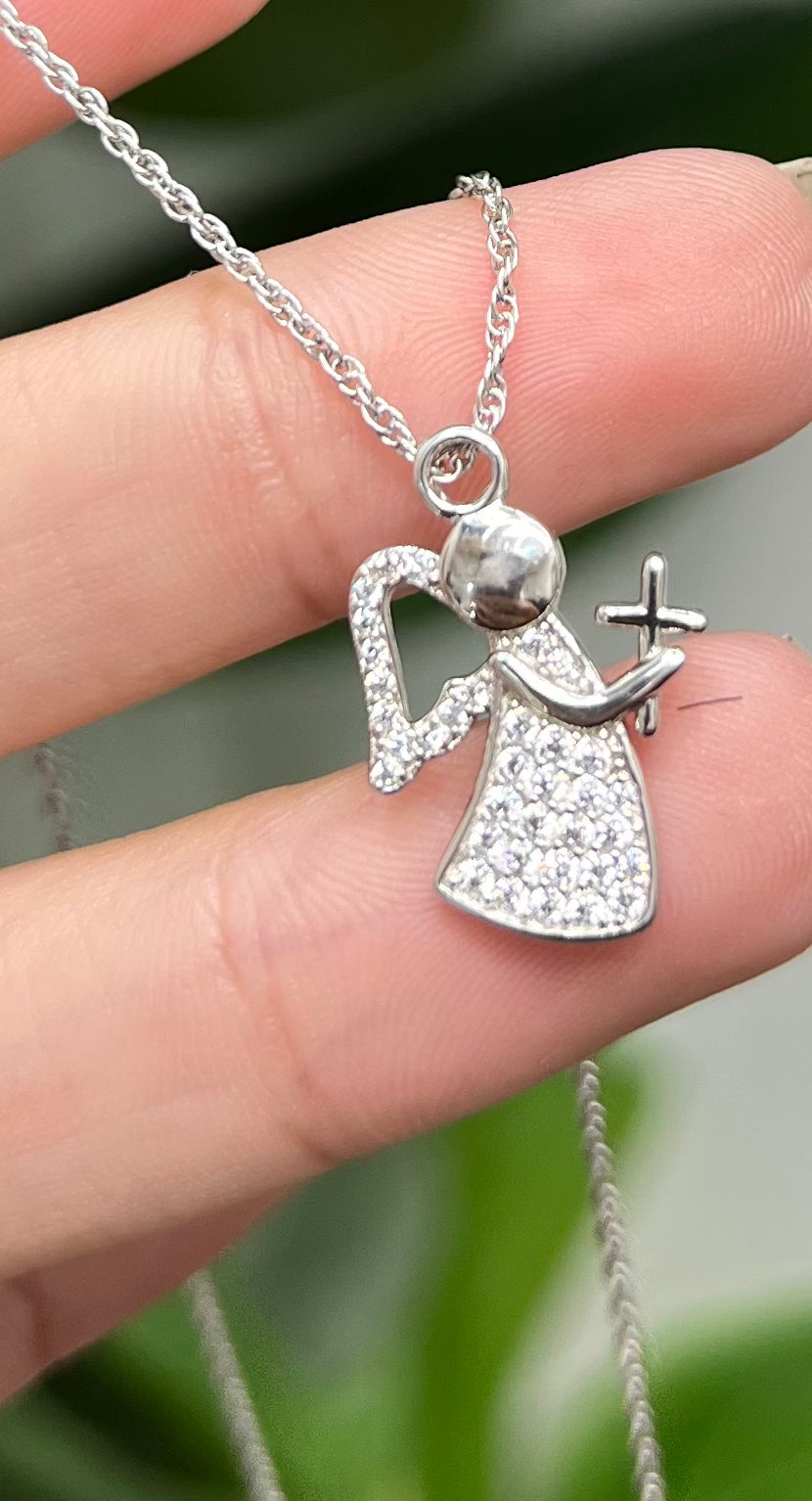 S847- NEW .925 Sterling Silver Guardian Angel Necklace W.G