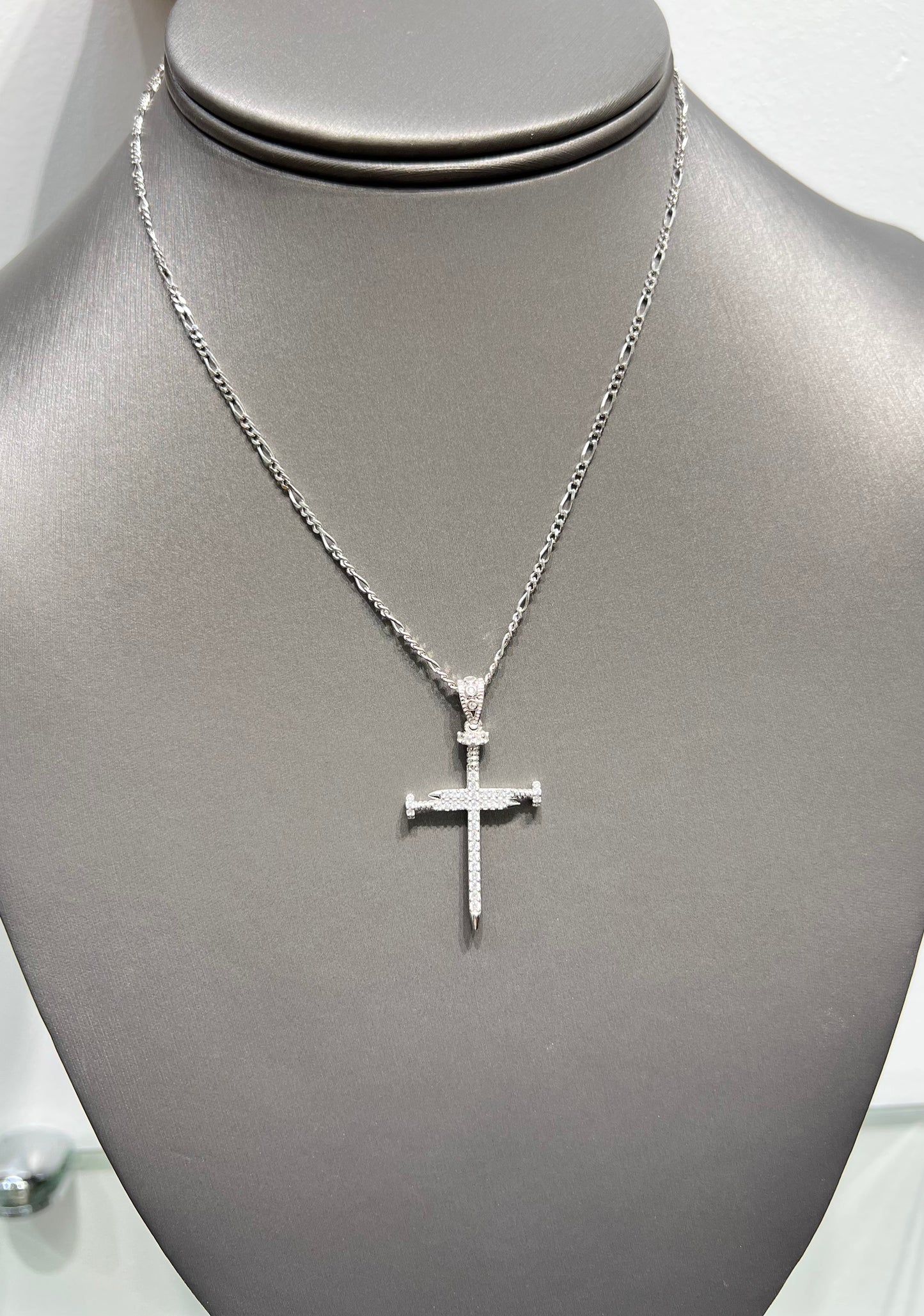 S392- NEW .925 Sterling Silver Nail Cross CZ Pendant W.G