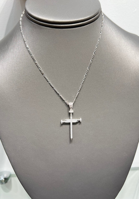 S392- NEW .925 Sterling Silver Nail Cross CZ Pendant W.G
