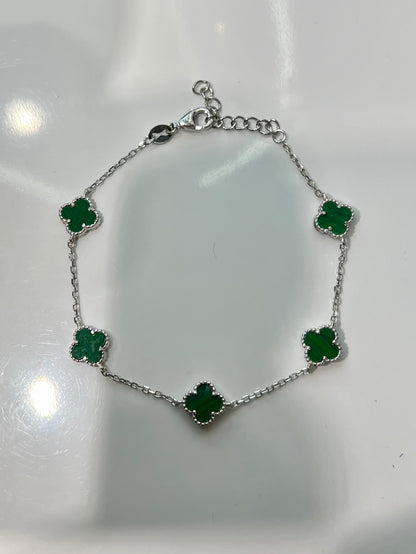 S662-NEW .925 Sterling Silver Green Trebol Bracelet W.G
