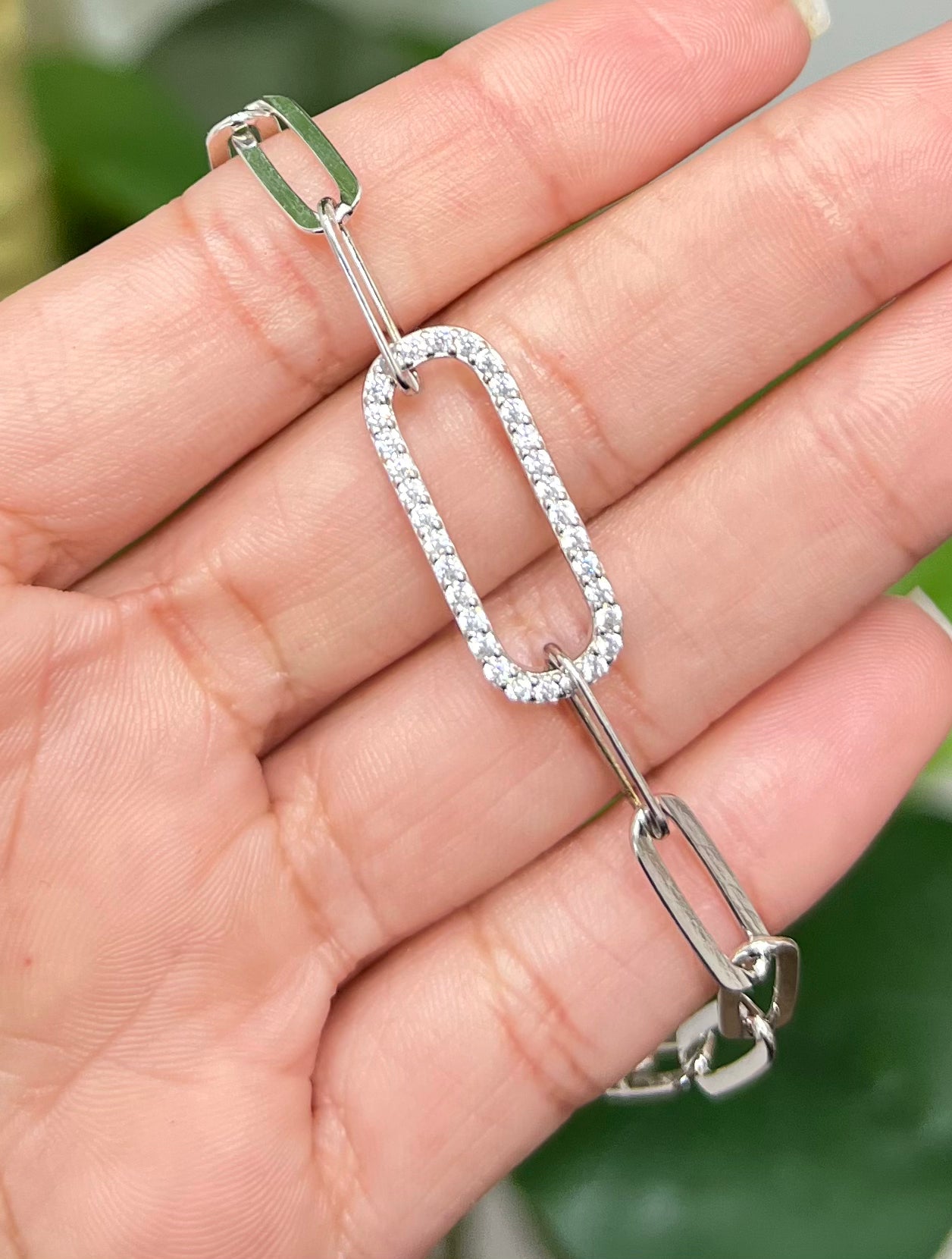 S391- 925 Sterling Silver Paperclip CZ Chain Bracelet 7” W.G