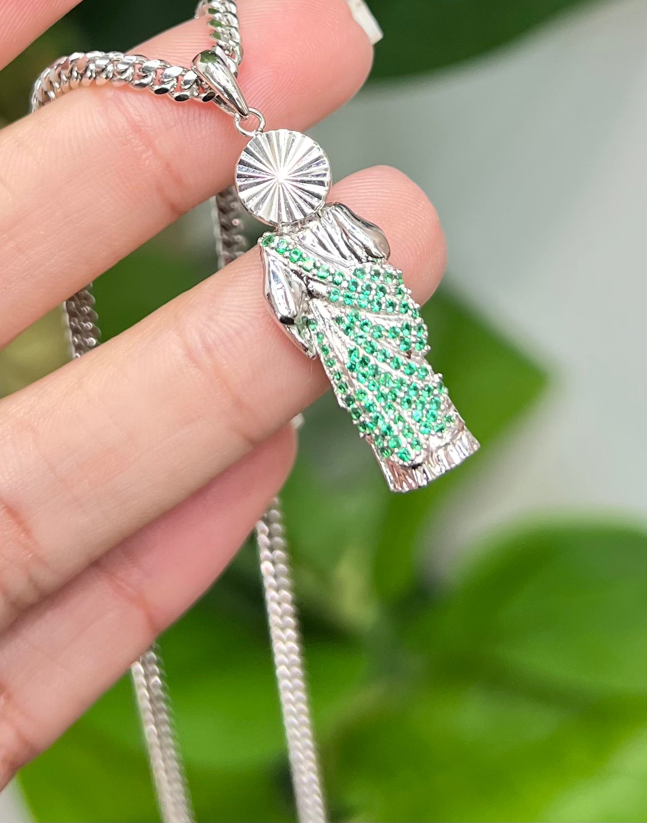 S0010- NEW .925 Sterling Silver St. Jude 3D Green Cz Pendant W.G