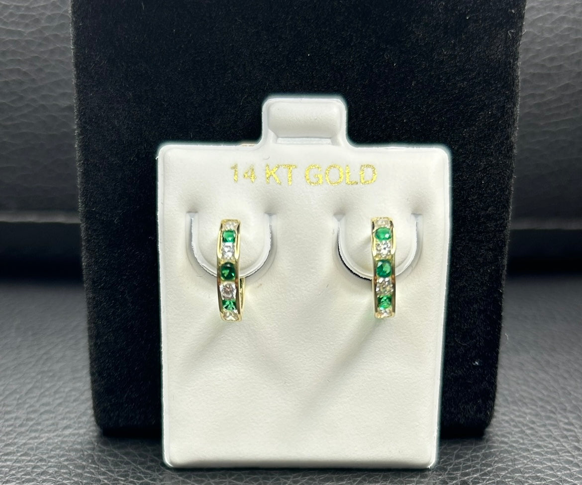 14K, Yellow Gold Small Hoops With Green Stones