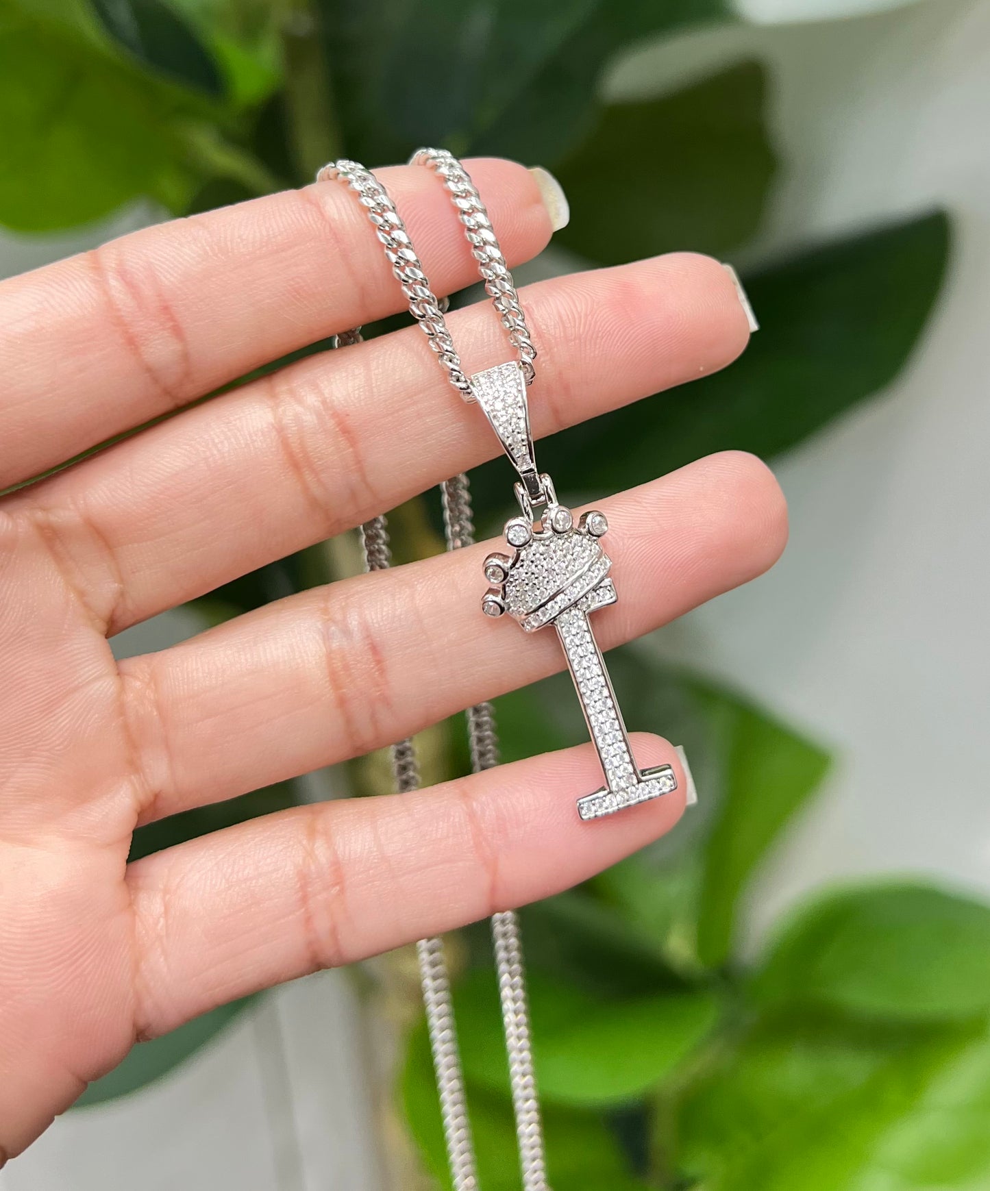 S727- NEW .925 Sterling Silver Letter “I” Crown Pendant W.G