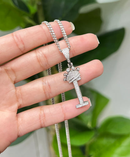 S727- NEW .925 Sterling Silver Letter “I” Crown Pendant W.G