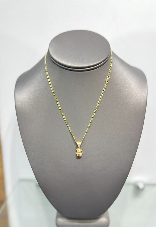 C41- NEW 14K Semi Solid Cuban Chain 16” (2.5mm) & Tiny Teddy Bear Pendant Set W.G