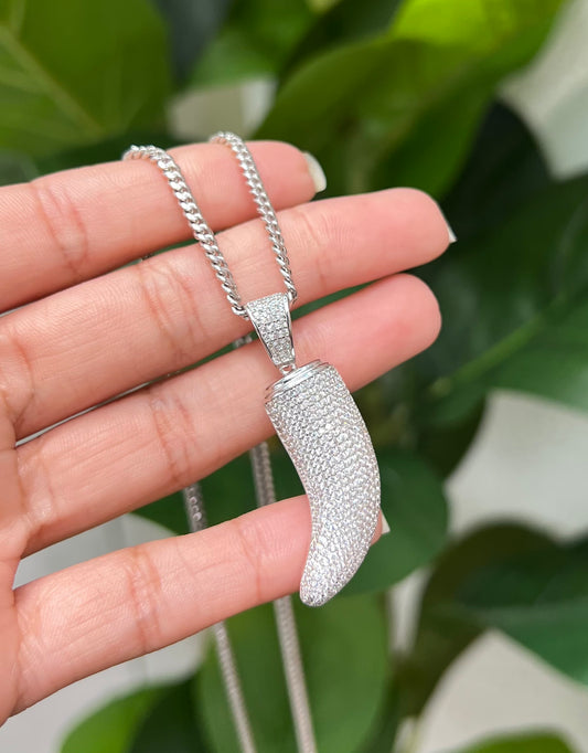 S400- 925 Sterling Silver Full CZ Tiger Tooth Pendant W.G