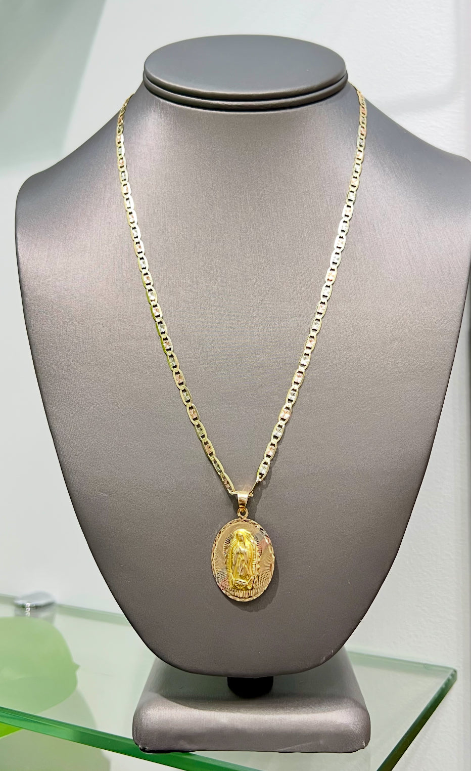 C39- NEW 14K Tri Tone Valentino Chain 20” (3.5mm) & Our Lady of Guadalupe Pendant Set W.G