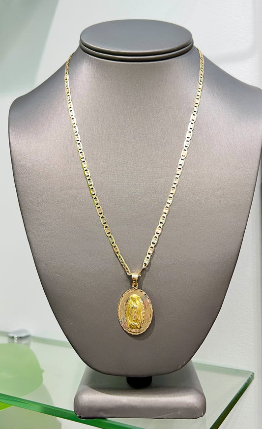 C39- NEW 14K Tri Tone Valentino Chain 20” (3.5mm) & Our Lady of Guadalupe Pendant Set W.G