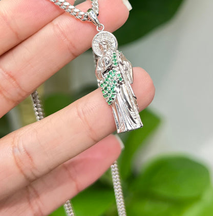 S0010- NEW .925 Sterling Silver St. Jude 3D Green Cz Pendant W.G