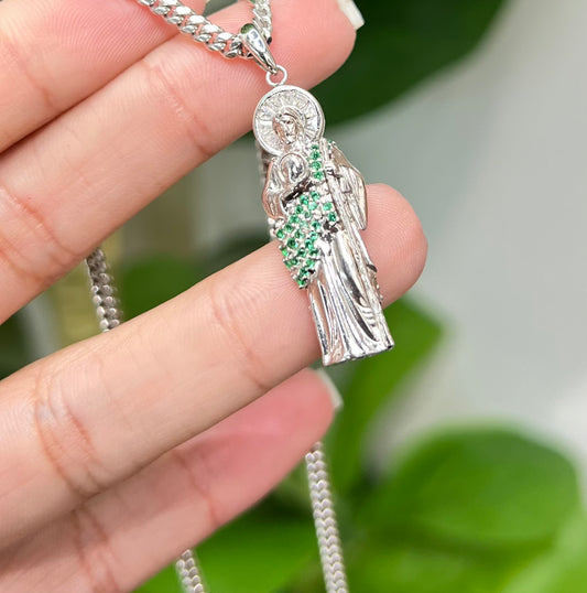 S0010- NEW .925 Sterling Silver St. Jude 3D Green Cz Pendant W.G